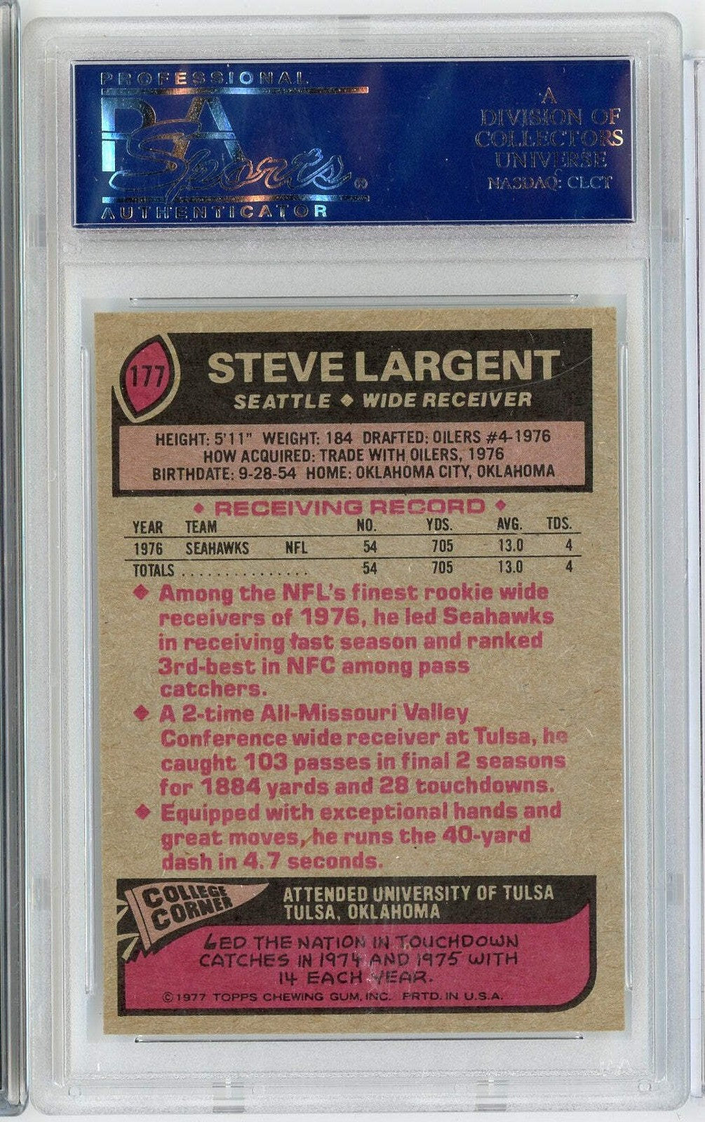 Graded 1977 Topps Steve Largent #177 Seattle Seahawks Rookie RC Card PSA 9