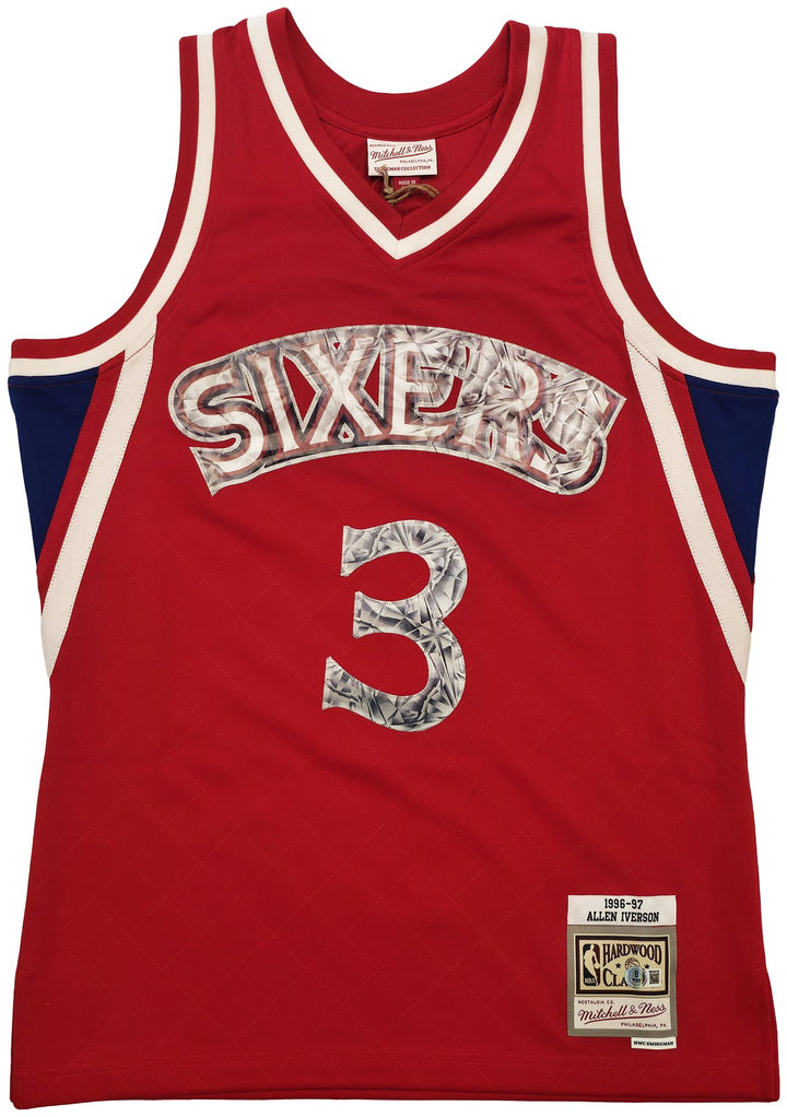 76ers Allen Iverson Auto Red Mitchell Ness 96-97 Swingman NBA 75th Jersey M BAS