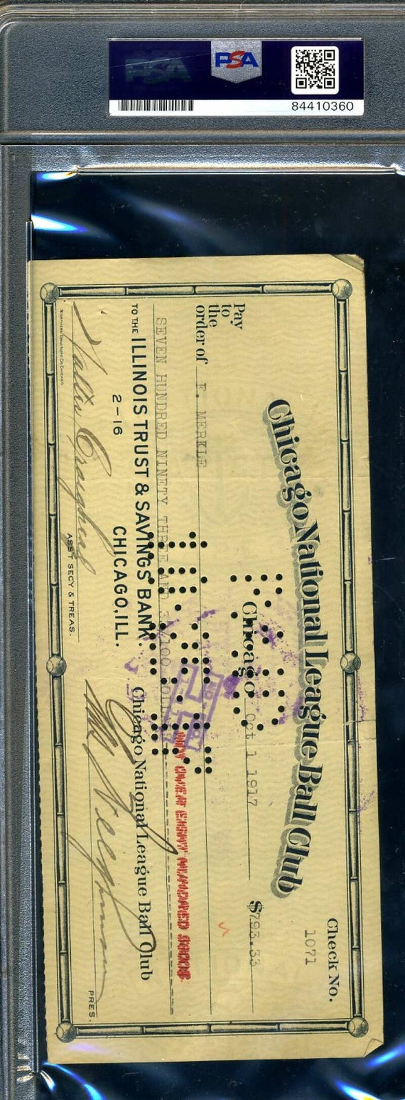 Fred Merkle PSA DNA Coa Signed 1917 Chicago Cubs Payroll Check Autographed