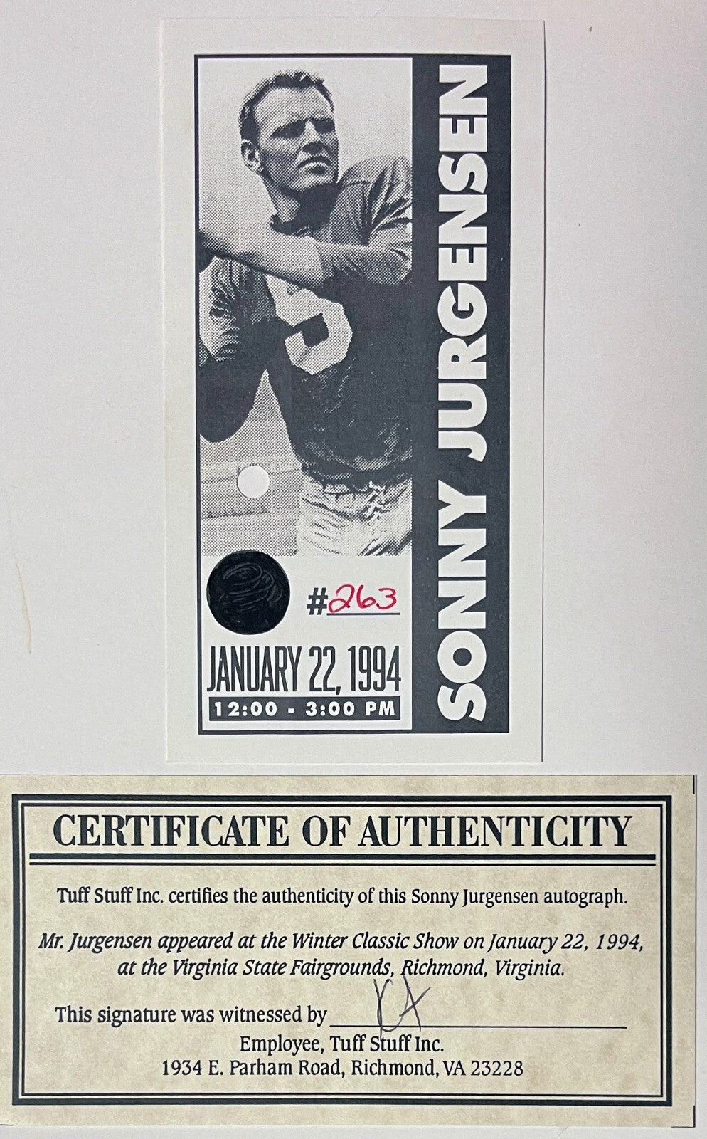 Sonny Jurgensen signed Washington Vintage NFL 8x10 Photo Framed- COA & Ticket
