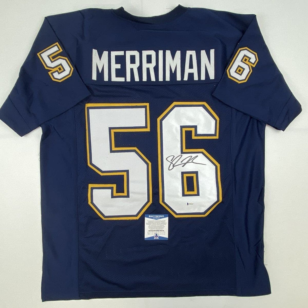 Autographed/Signed SHAWNE MERRIMAN San Diego Dark Blue Jersey BAS COA