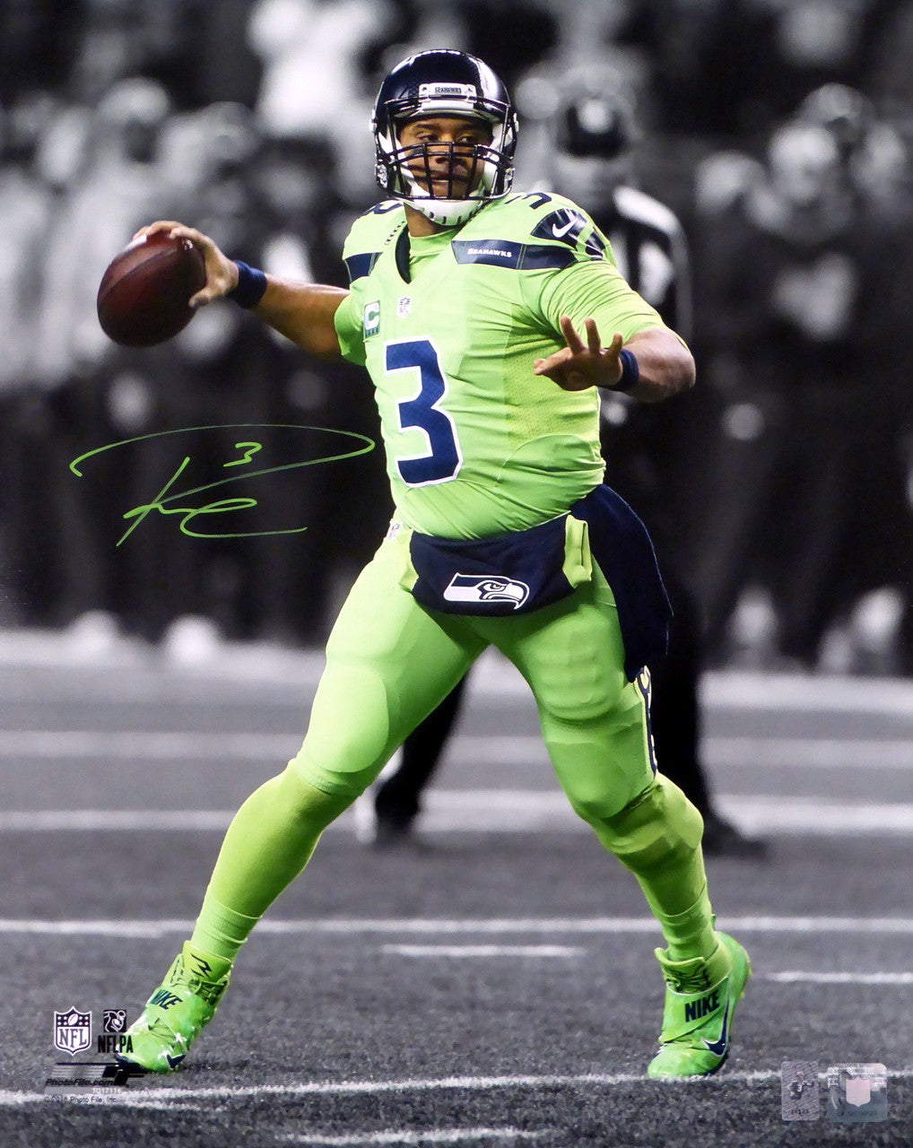 Russell Wilson Signed 16x20 Photo Seahawks Action Green Color Rush RW Holo