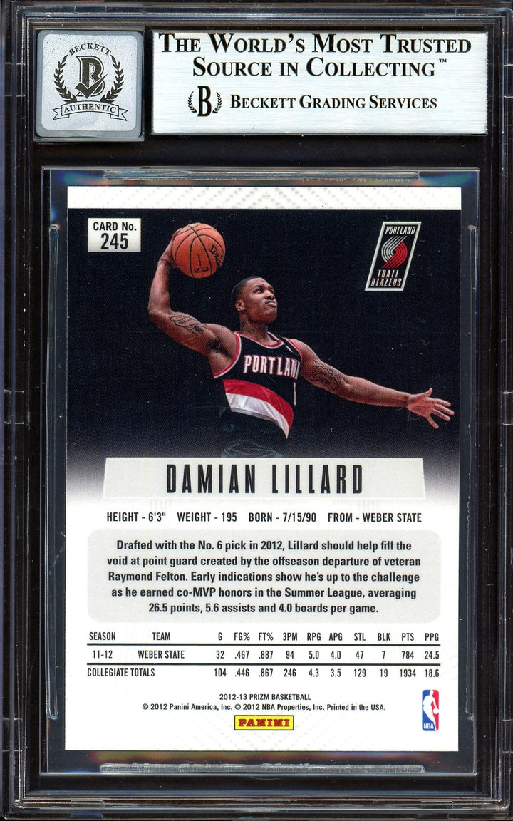 Damian Lillard Auto Signed 2012-13 Panini Prizm RC 245 Sig 10 On Card Beckett