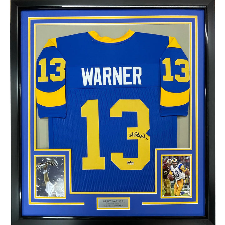 Framed Facsimile Autographed Kurt Warner 33x42 Blue Reprint Laser Auto Jersey