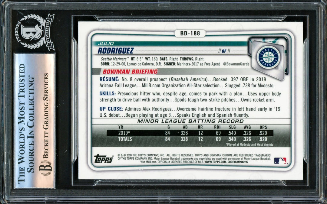 Julio Rodriguez Signed 2020 Bowman Chrome Draft RC #BD188 Mariners Beckett
