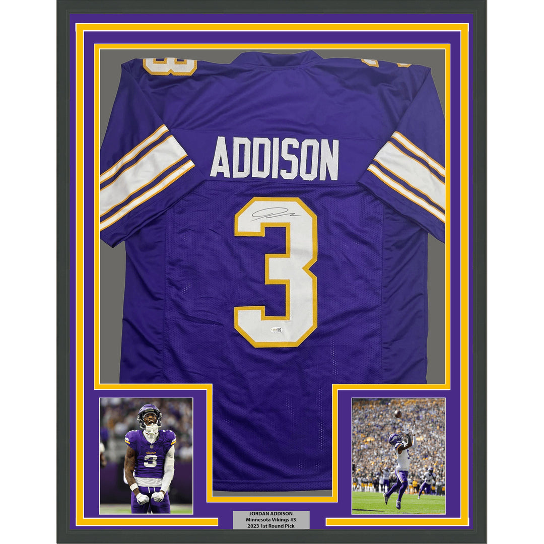 Framed Autographed/Signed Jordan Addison 35x39 Purple ALT Jersey JSA COA