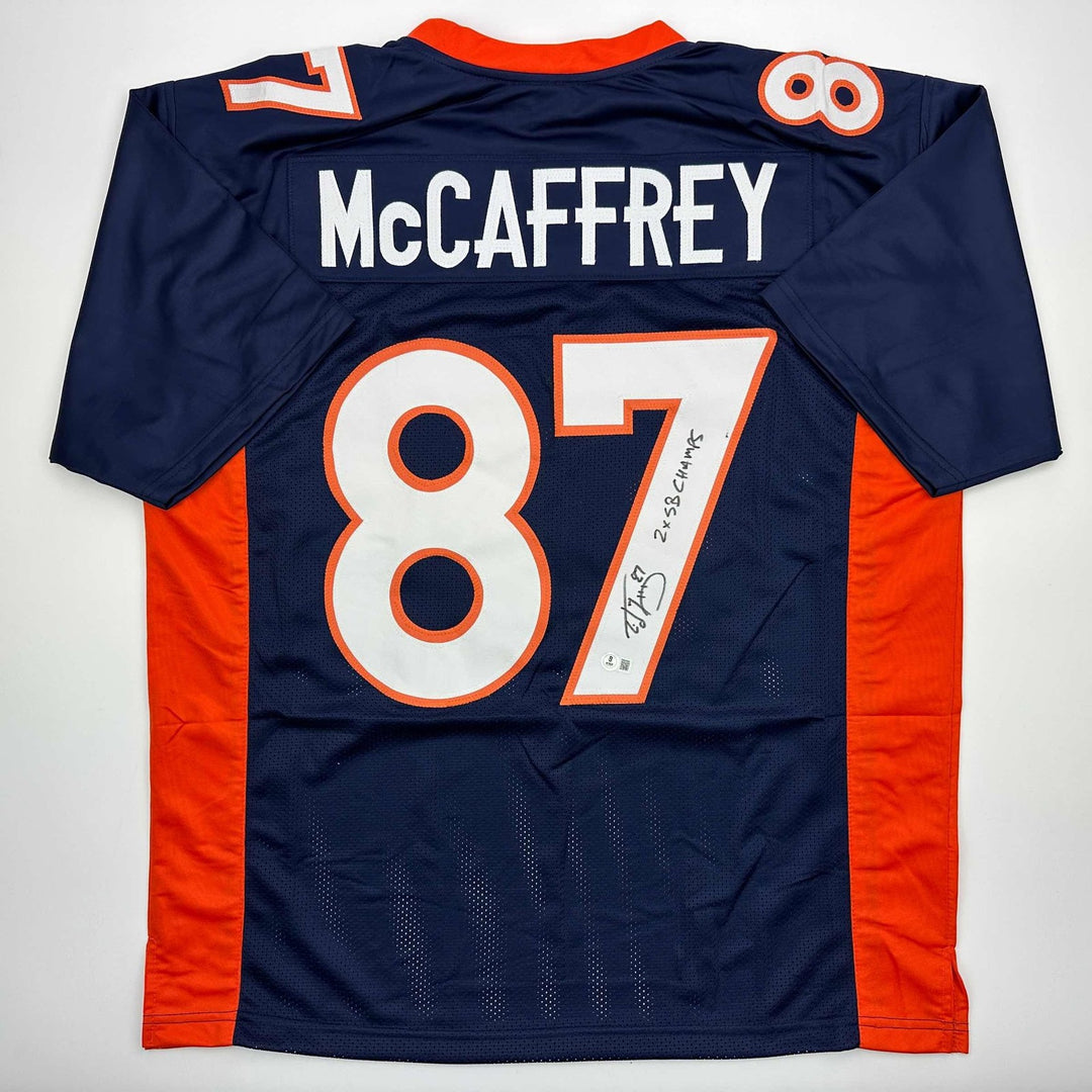Autographed/Signed Ed McCaffrey 2x SB Champs Denver Blue Jersey Beckett COA