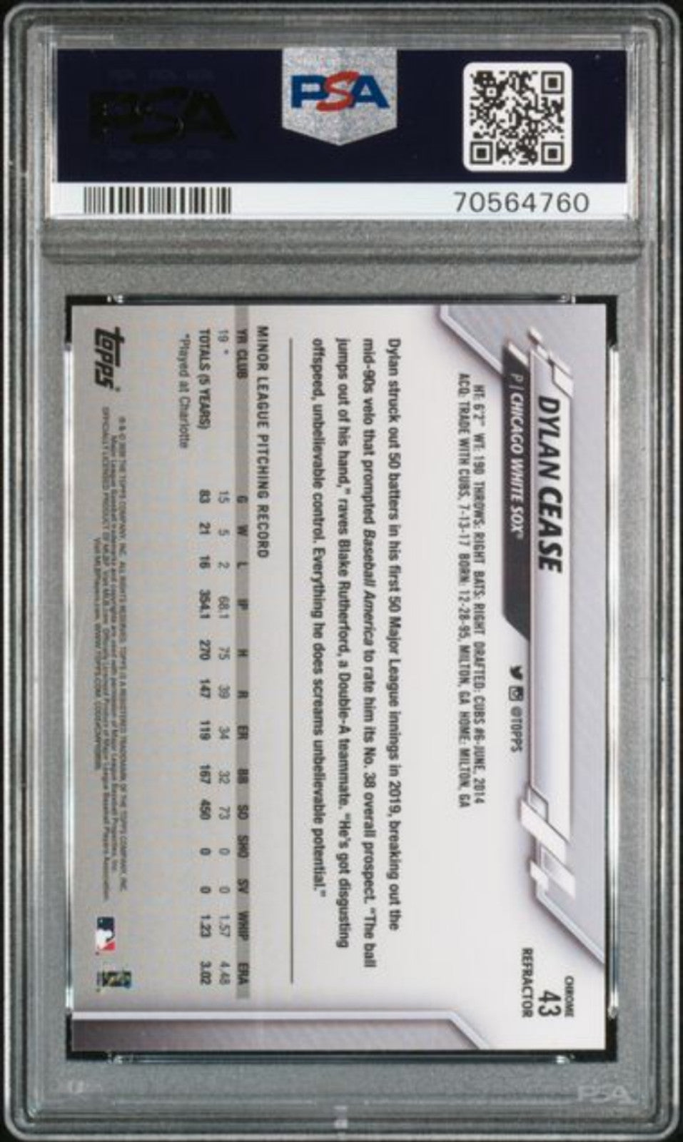 Graded 2020 Topps Chrome Dylan Cease #43 Pink Refractor Rookie RC Card PSA 10