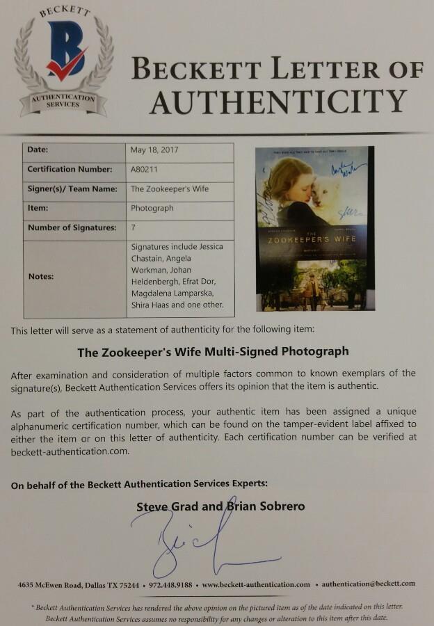 THE ZOOKEEPER'S WIFE Cast x7 Signed 11x17 Photo Chastain Workman BECKETT BAS COA