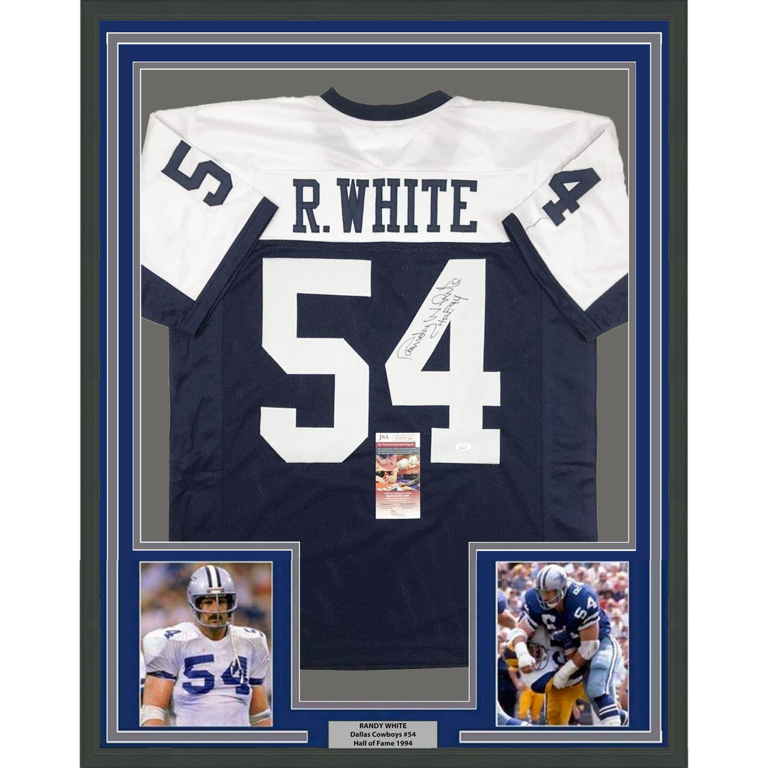Framed Autographed/Signed Randy White HOF 94 35x39 Thanksgiving Jersey JSA COA
