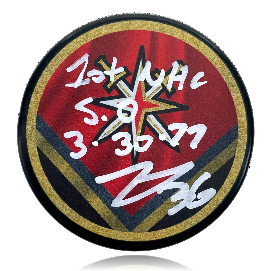 Logan Thompson Signed Vegas Golden Knights Retro Puck Inscribed 1st Save COA IGM