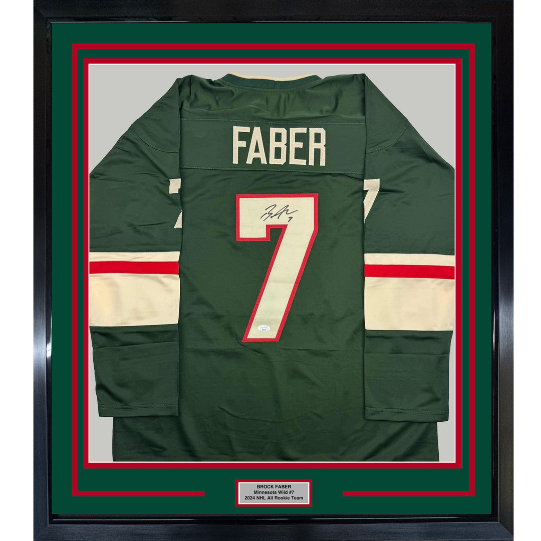 Framed Autographed/Signed Brock Faber 35x39 Minnesota Green Jersey JSA COA