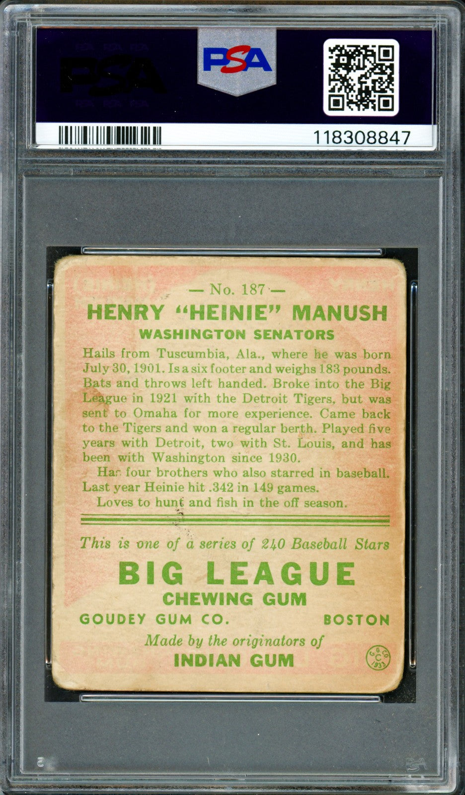Heinie Manush Auto 1933 Goudey RC 187 Senators PSA 1.5 Auto 7 PSA/DNA #118308847