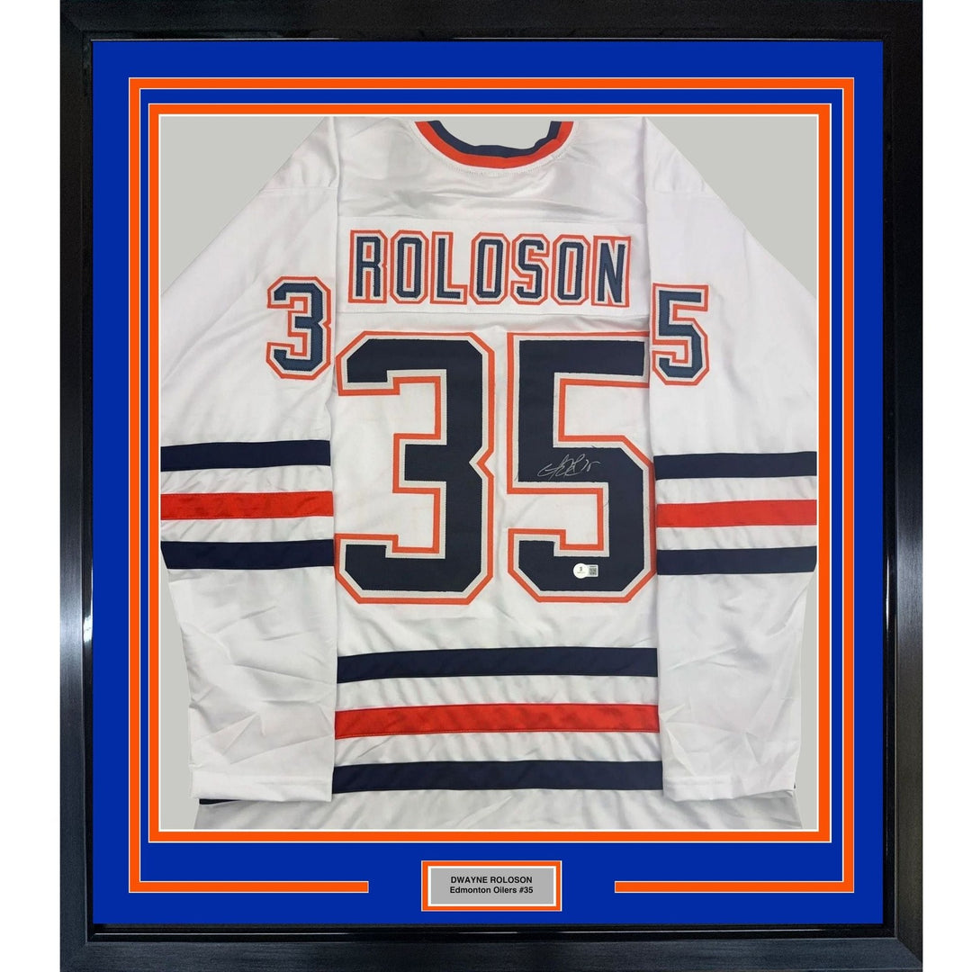 Framed Signed Dwayne Roloson 35x39 Edmonton White Jersey Beckett BAS COA