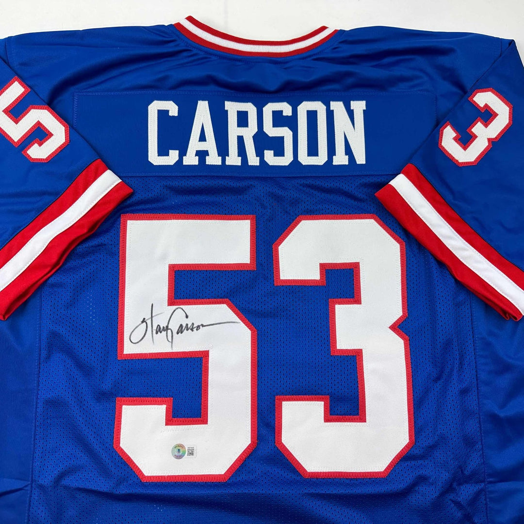 Autographed/Signed Harry Carson New York Blue Jersey Beckett BAS COA