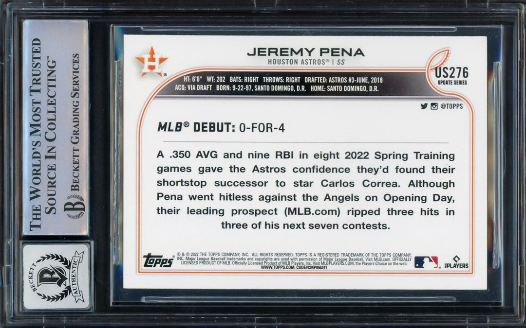 Jeremy Pena Signed 2022 Topps Update RC US276 Houston Astros Auto GM 10 Beckett