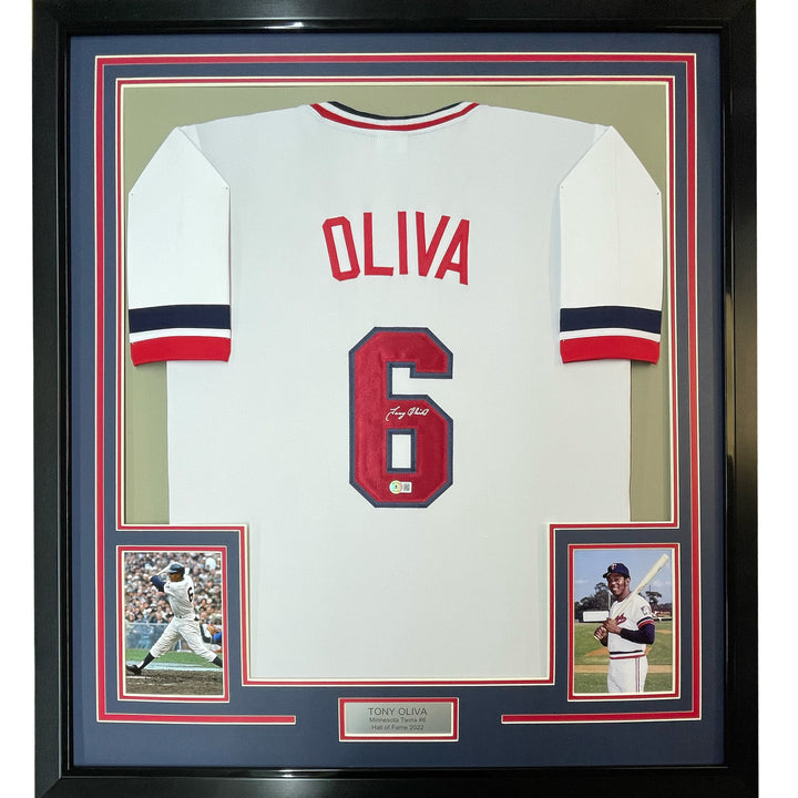 Framed Autographed/Signed Tony Oliva 33x42 Minnesota White Jersey BAS COA