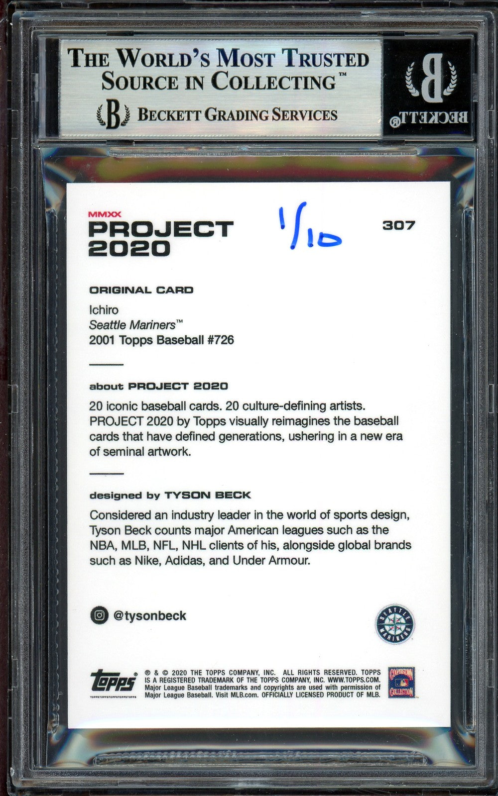 Ichiro Suzuki Signed Topps Project 2020 Tyson Beck Card 307 Black #1/10 Beckett
