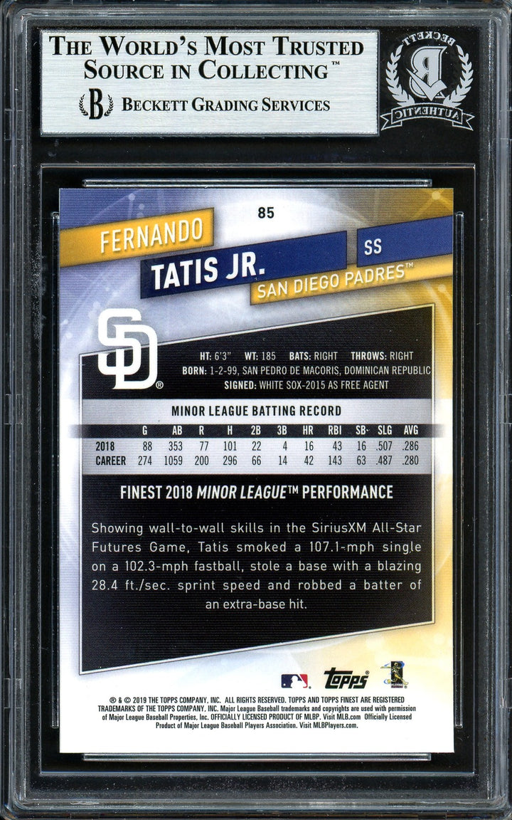 Fernando Tatis Jr. Auto Signed 2019 Topps Finest RC 85 Padres (Bubbling) Beckett
