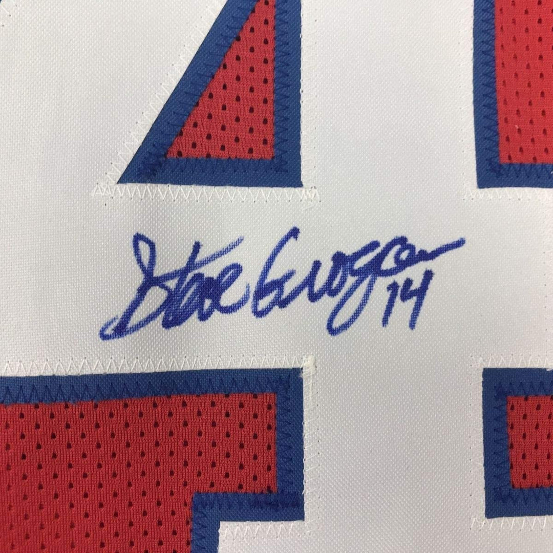 FRAMED Signed STEVE GROGAN 35x39 New England Red Jersey JSA COA Auto