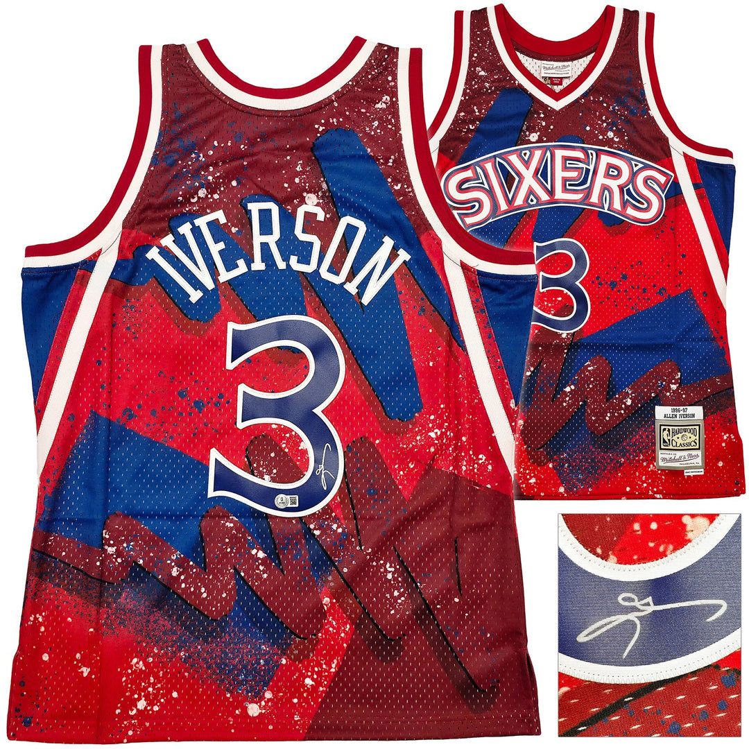 76ers Allen Iverson Auto Red Mitchell Ness 96-97 Swingman Hyper Jersey L Beckett