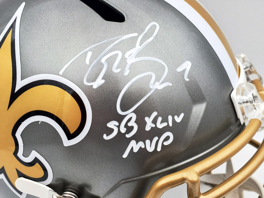 Drew Brees Auto Saints Flash Silver Full Size Rep Speed Helmet SB 44 MVP Beckett