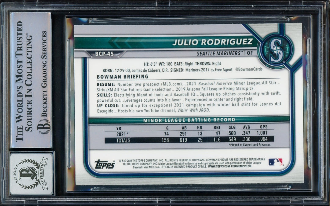 Julio Rodriguez Signed 2022 Bowman Chrome RC BCP45 Mariners Auto 10 Beckett
