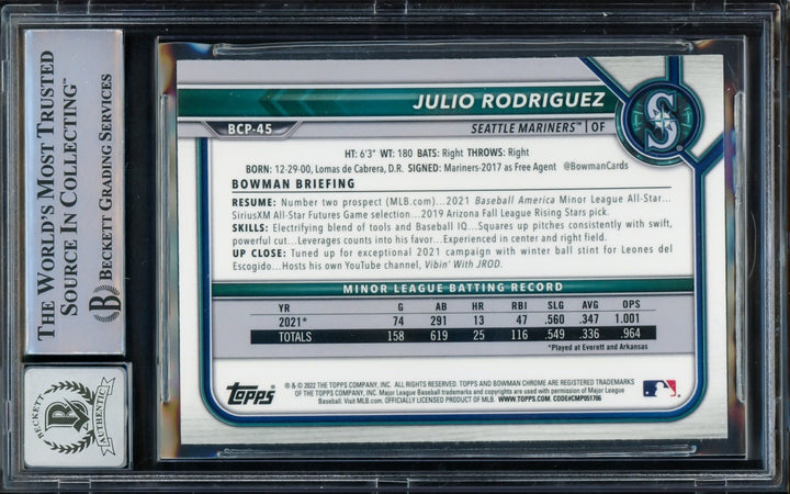 Julio Rodriguez Signed 2022 Bowman Chrome RC BCP45 Mariners Auto 10 Beckett