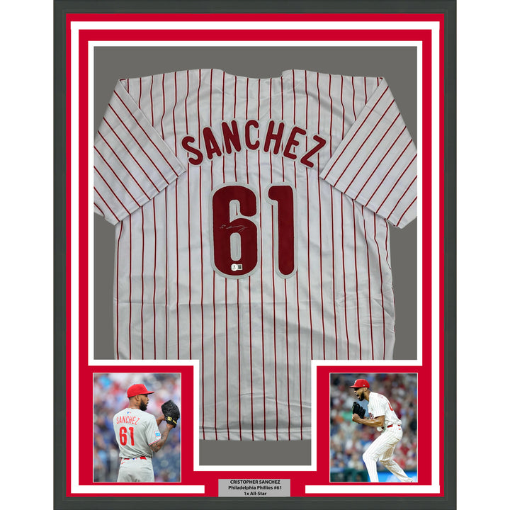 Framed Autographed/Signed Cristopher Sanchez 35x39 Pinstripe Jersey Beckett COA