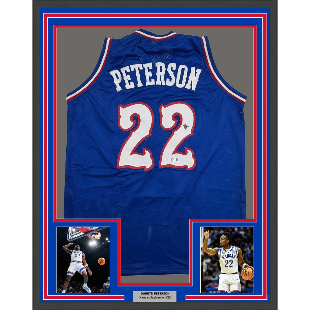 Framed Autographed/Signed Darryn Peterson 35x39 Kansas Blue Jersey BAS COA