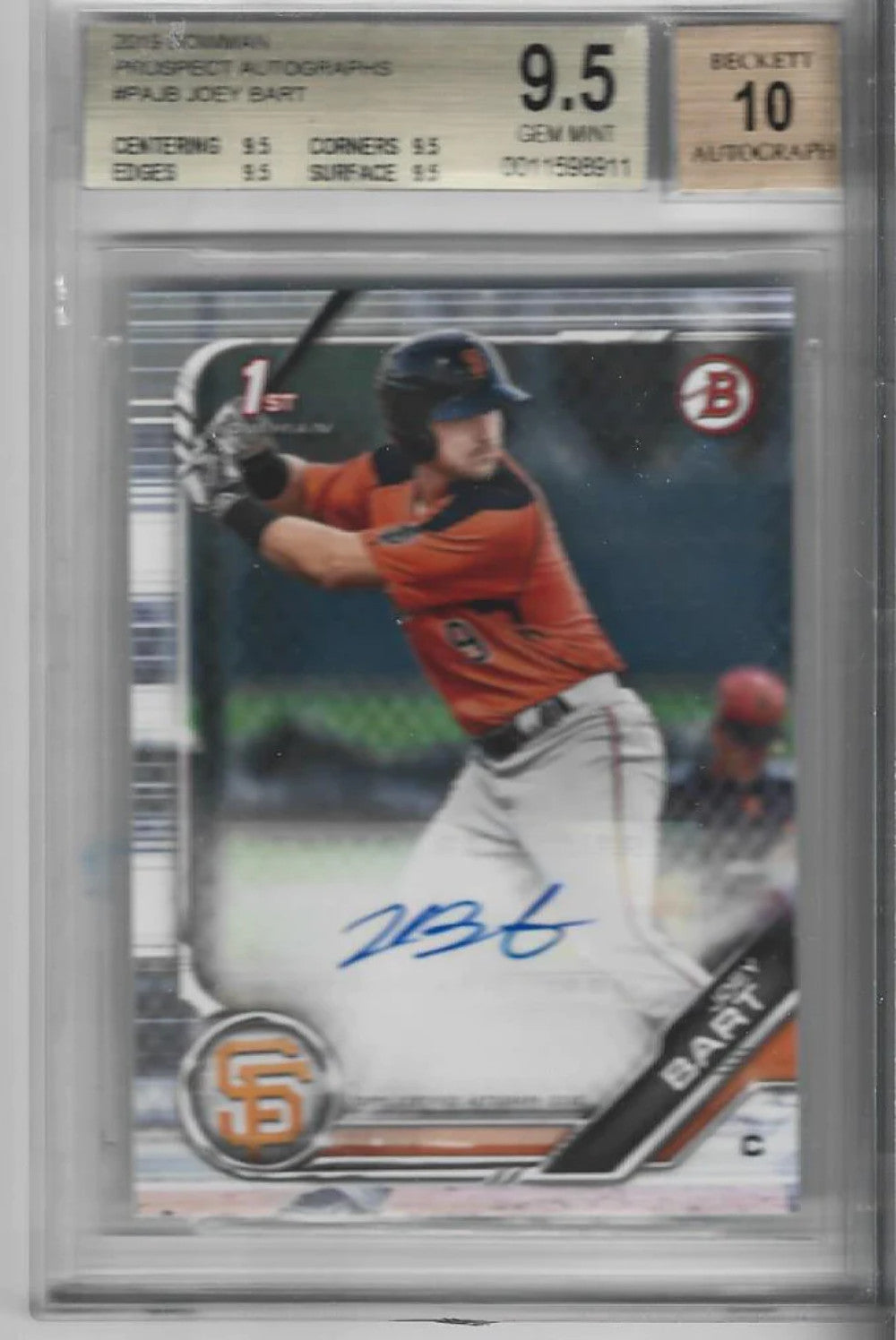 Joey Bart 2019 Bowman Prospect Autographed Rookie Card (BGS 9.5 GEM MINT, Auto 1