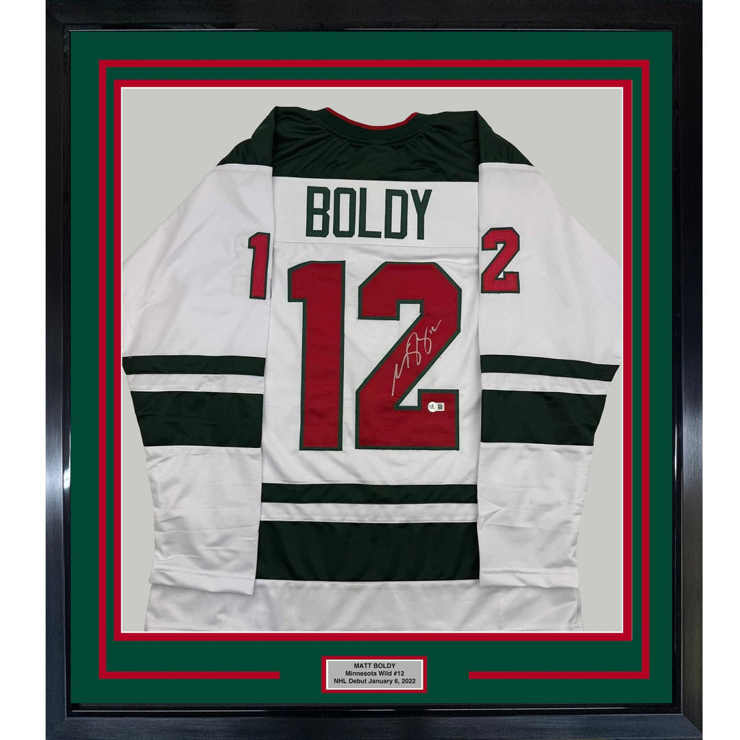 Framed Autographed/Signed Matt Boldy 35x39 Minnesota White Jersey BAS COA