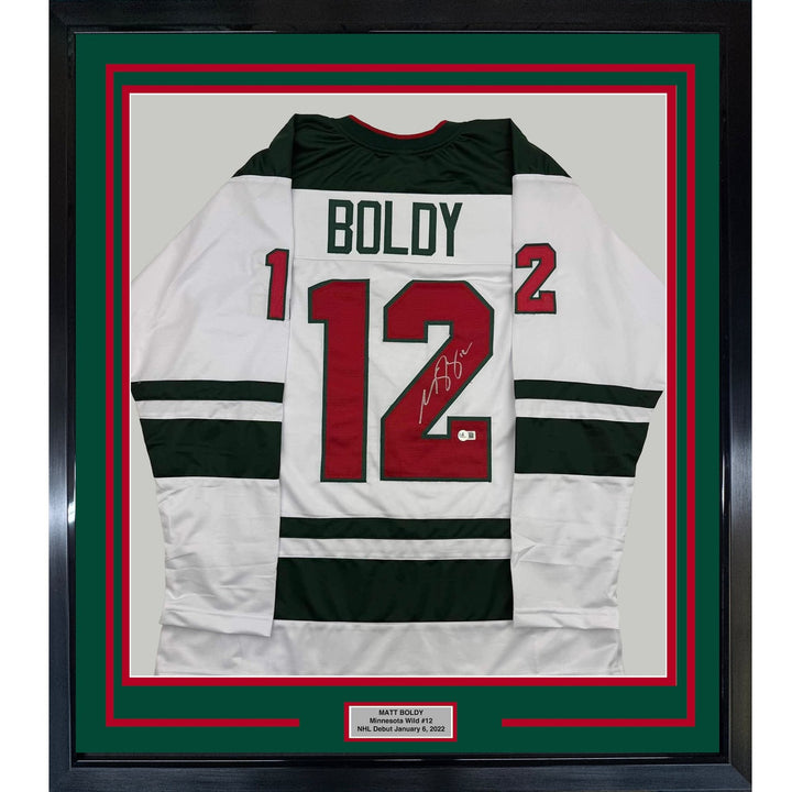 Framed Autographed/Signed Matt Boldy 35x39 Minnesota White Jersey BAS COA