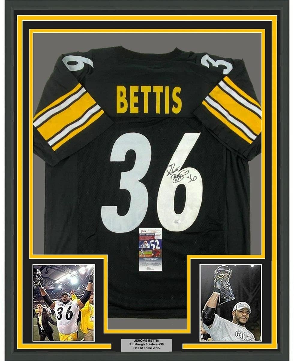 Framed Signed Jerome Bettis 35x39 Pittsburgh Black Jersey JSA COA