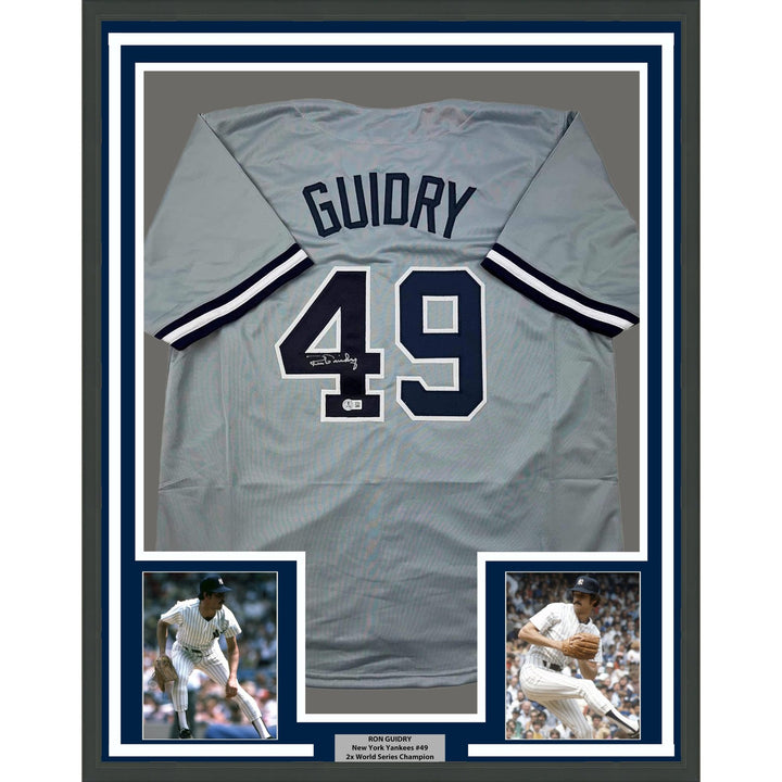 Framed Autographed/Signed Ron Guidry 35x39 New York Grey Jersey Beckett COA