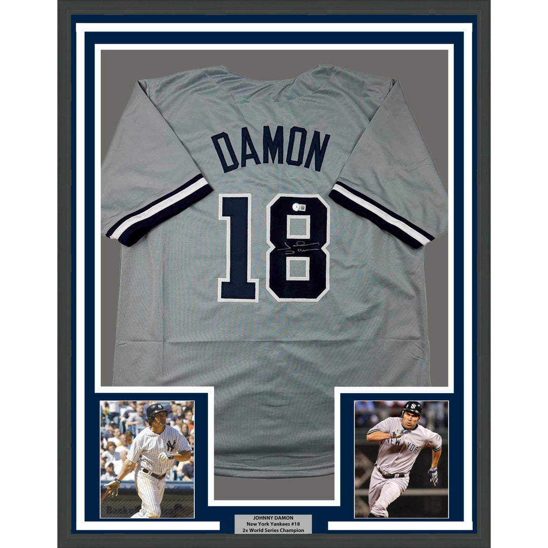 Framed Autographed/Signed Johnny Damon 35x39 New York Grey Jersey Beckett COA