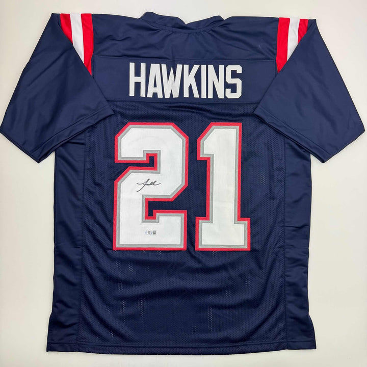 Autographed/Signed Jaylinn Hawkins New England Blue Jersey Beckett BAS COA