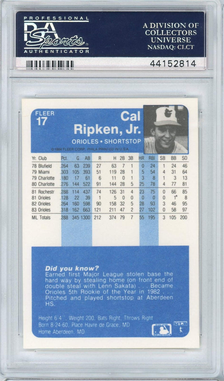Graded 1984 Fleer Cal Ripken Jr. #17 Baseball Card PSA 10 Gem Mint