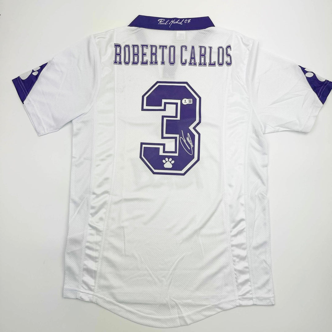 Autographed/Signed Roberto Carlos Real Madrid White Jersey Beckett COA