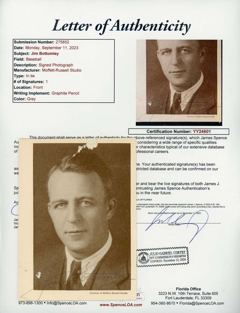 Jim Bottomley JSA Coa Signed Vintage Photo Autograph