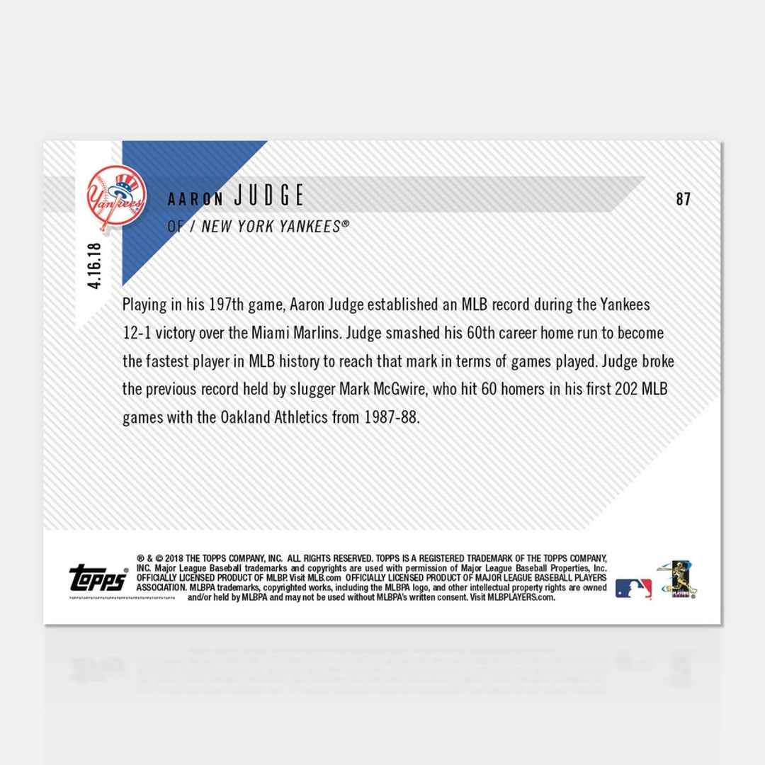 2018 AARON JUDGE FASTEST PLAYER TO 60 HR's IN MLB HISTORY TOPPS NOW CARD #87