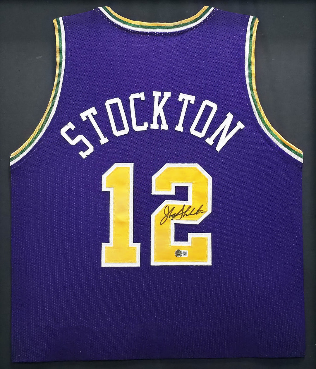Utah Jazz John Stockton Signed Framed Purple Jersey Beckett Witness