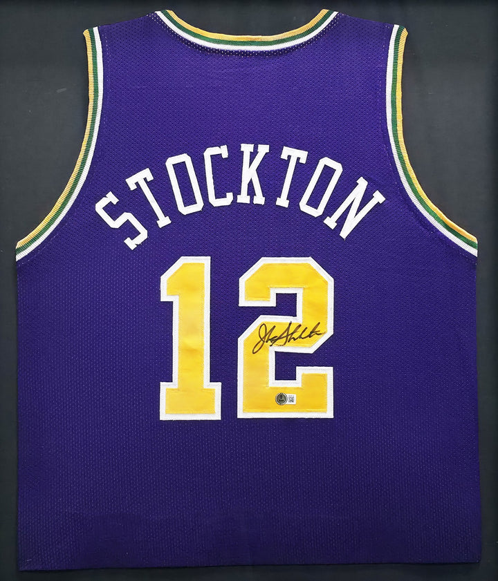 Utah Jazz John Stockton Signed Framed Purple Jersey Beckett Witness