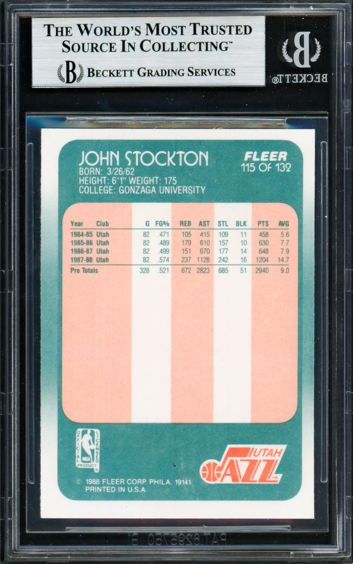 John Stockton Signed 1988-89 Fleer RC 115 Utah Jazz Beckett