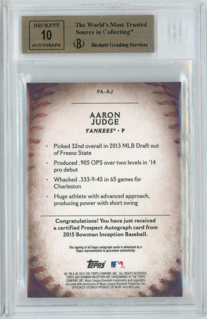 Graded 2015 Bowman Inception Aaron Judge #PAAJ Prospect Autographs RC BGS 9.5/10