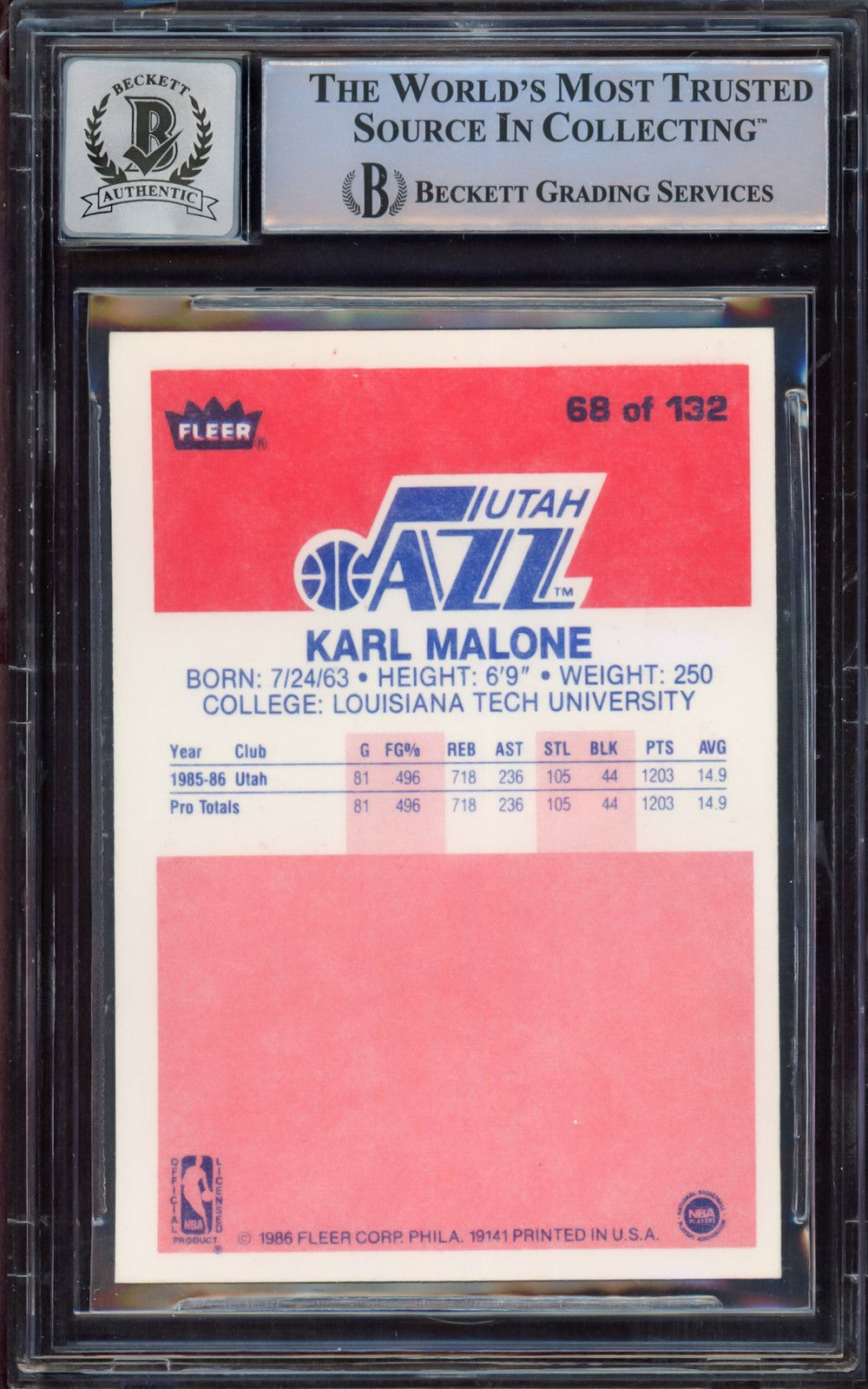 Karl Malone Signed 1986-87 Fleer RC 68 Utah Jazz Auto GM 10 Beckett #15496653