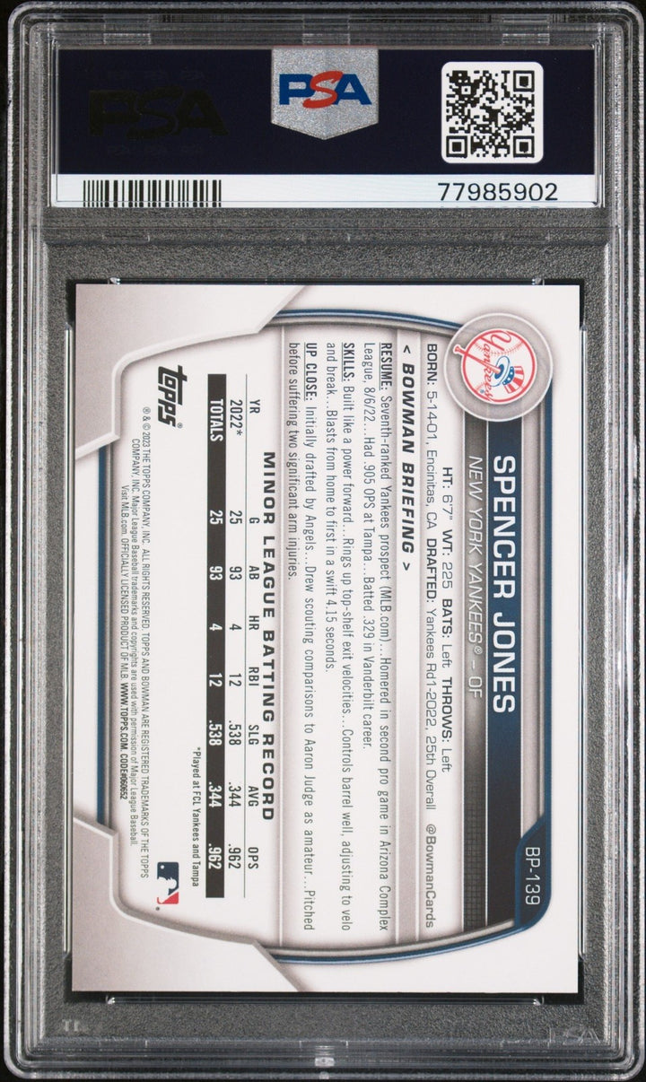Graded 2023 Bowman Spencer Jones #BP139 Paper Prospects RC Card PSA 10