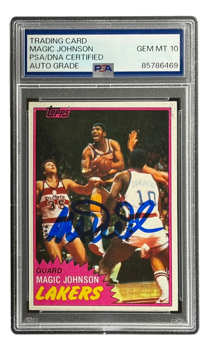 Magic Johnson Signed On Card 1981 Topps #21 Lakers Trading Card PSA Auto 10