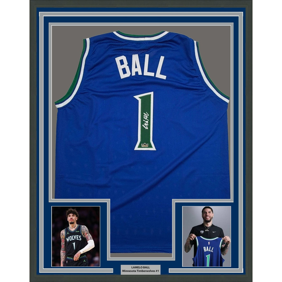 Framed Facsimile Autographed LaMelo Ball 35x39 Minnesota Blue Jersey