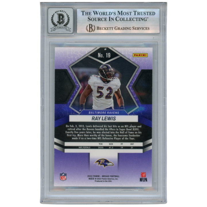 Ray Lewis Autographed/Signed 2022 Mosiac #19 Trading Card Beckett 52919